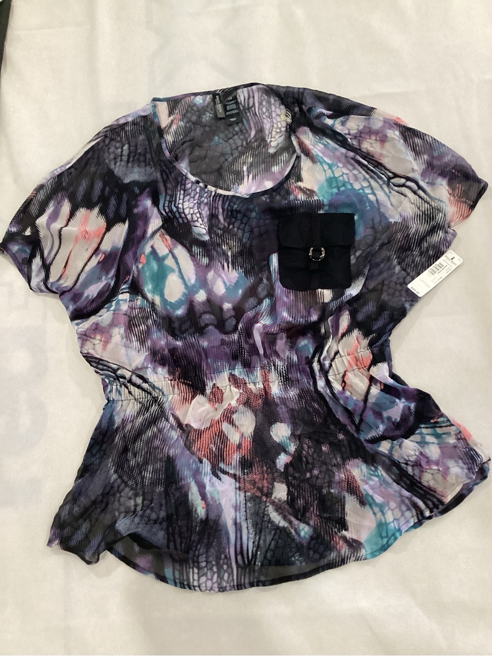 Bisou Bisou Purple Multi Abstract Print Short Sleeve Blouse w/Black Pocket XL